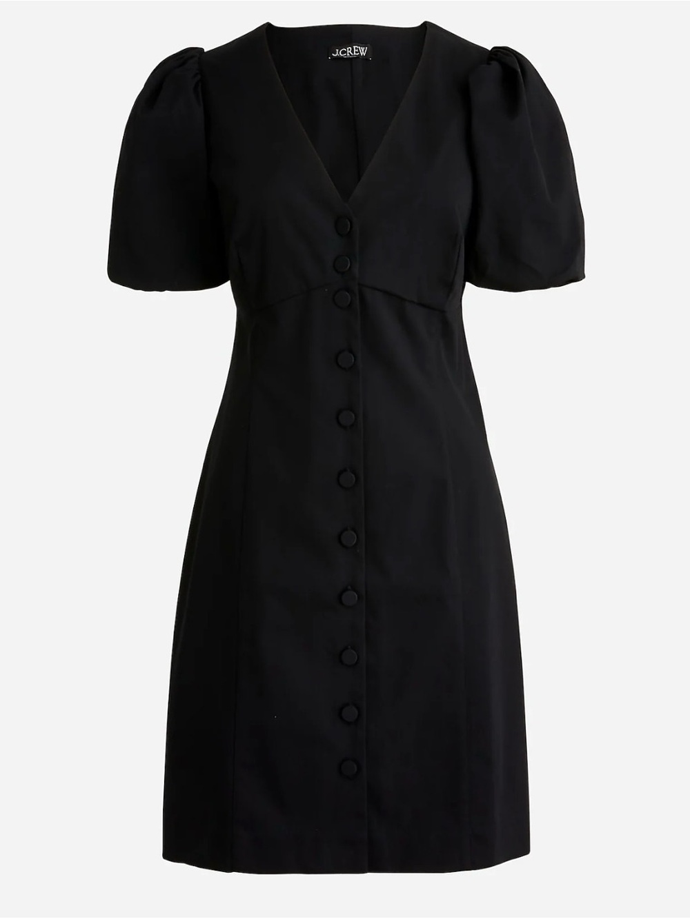 J. Crew Black V-Neck Button-Front Mini Dress with Puff Sleeves